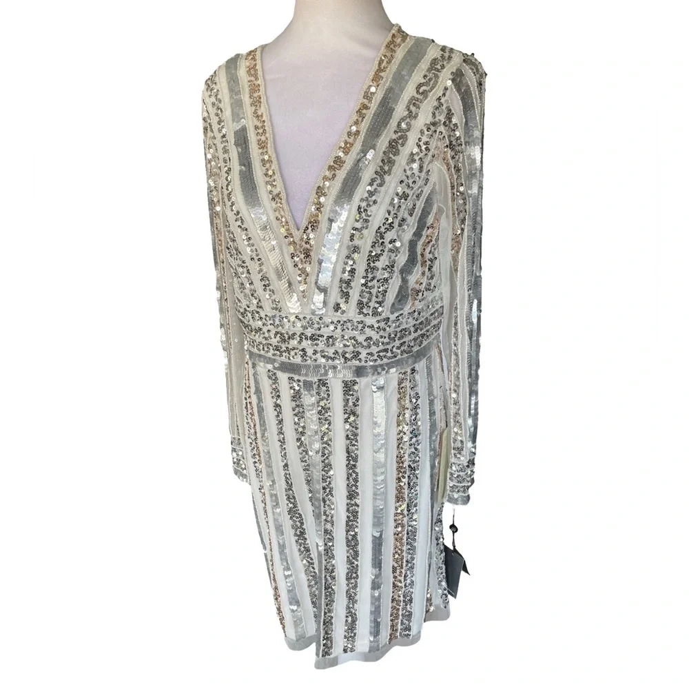 Adrianna Papell Ivory, Silver and Gold Stripe Sequin and Bead Sheath Dress 14